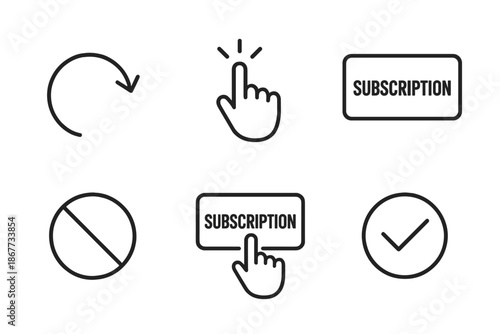 Instant Subscription Cancellation Icons. Line vector icons of one-click subscription cancellation: cancel-arrow arc, single-tap