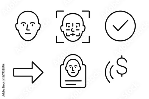 Facial-Recognition Payment Icons. Line vector icons of facial-recognition payment: face outline, scan grid, checkmark ring,
