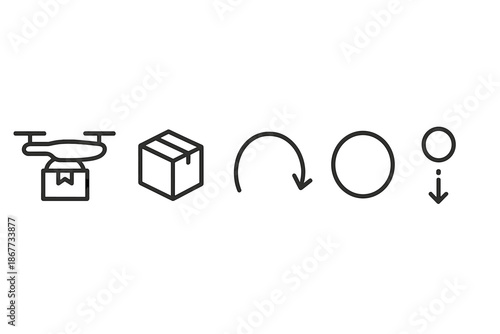Drone Parcel Icons. Line vector icons of autonomous parcel flight: streamlined drone, cargo box, descent arc, route ring, motion