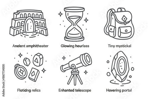 Time Traveler Icons. Line style icons of Time Traveler’s Quest: ancient amphitheater with shimmering gateway, glowing hourglass,
