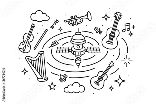 Celestial Orchestra Icons. Line style icons of Celestial Orchestra: floating instruments orbiting space station, glowing clouds,