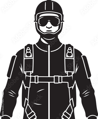 Stylized depiction of a skydiver wearing a jumpsuit and safety equipment