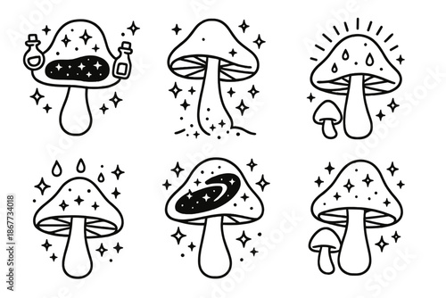 Cosmic Mushroom Icons. Line style icons of Magical Mushrooms: mushrooms with glowing cosmic potions, floating tiny bottles,