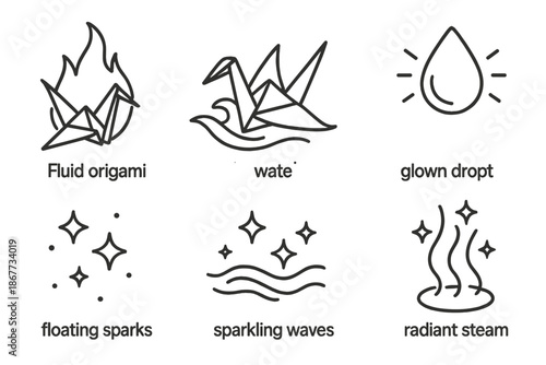 Fluid Origami Icons. Line style icons of Fluid Origami: paper cranes as flames and water, glowing droplets, floating sparks,