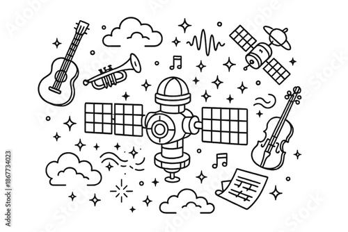 Cosmic Orchestra Icons. Line style icons of Cosmic Orchestra: space station with floating musical instruments, glowing clouds,