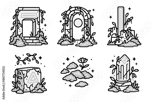 Neon-Nature Fusion Icons. Line style icons of Nature Meets Neon: overgrown ruins with glowing signs, floating vines, tiny