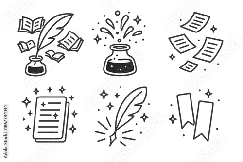 Writer's Celestial Tools. Line style icons of Writer’s Cosmos: quill with floating open books, glowing ink splashes, tiny hovering