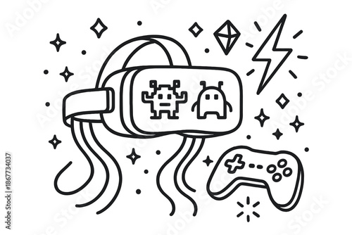 VR Gamer's Universe. Line style icons of Gamer’s VR World: VR headset with pixel monsters, glowing neon lightning, tiny floating