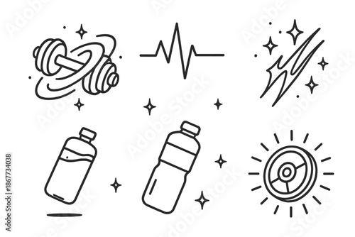 Fitness Galaxy Icons. Line style icons of Fitness Cosmos: dumbbell with galaxy swirl, glowing heartbeat line, tiny floating stars,