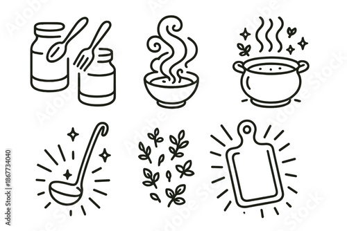 Magical Kitchen Icons. Line style icons of Magical Kitchen: spice jars with levitating utensils, mystical smoke, glowing steam,