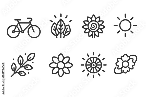 Autumn Cycling Icons. Line style icons of Autumn Cycling: bicycle, glowing leaves, spinning sunflower, levitating sun, orbiting