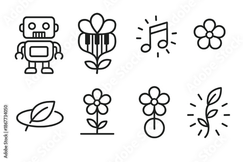 Petal Piano Icons. Line style icons of Petal Piano: robot, piano made of petals, glowing note, floating blossom, orbiting leaf,
