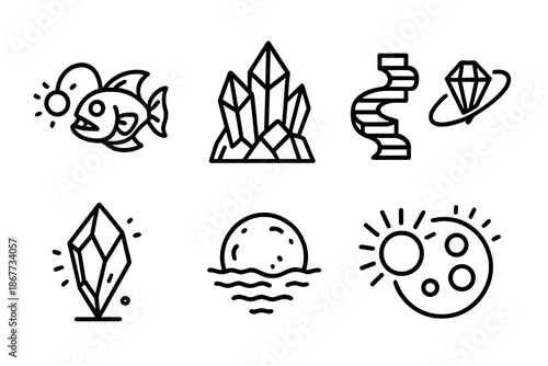 Lanternfish Peaks Icons. Line style icons of Lanternfish Peaks: glowing lanternfish, crystalline mountain, floating spiral