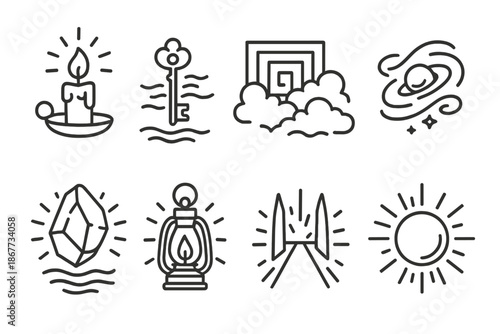Mystic Keys Icons. Line style icons of Mystic Keys: glowing candle, floating key, foggy labyrinth, orbiting mist, levitating stone