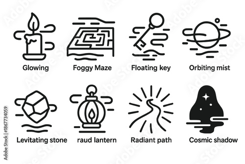 Misty Labyrinth Icons. Line style icons of Misty Labyrinth: glowing candle, foggy maze, floating key, orbiting mist, levitating