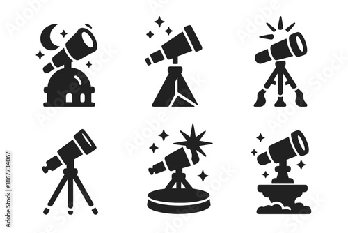 Mystical Observatory Icons. Solid style icons of mystical observatories in : telescope lens, prism mount, glowing tripod, radiant