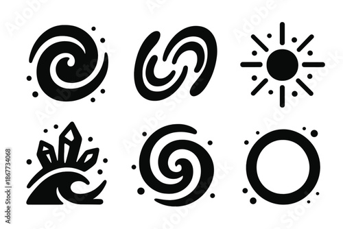Mystical Energy Icons. Solid style icons of mystical energy fields in : glowing vortex, magnetic swirl, radiant pulse, crystal