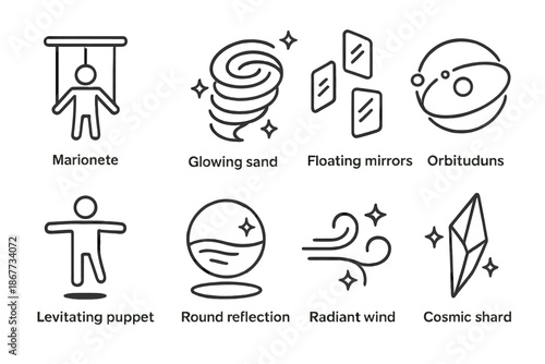 Desert Strings Icons. Line style icons of Desert Strings: marionette, glowing sandstorm, floating mirrors, orbiting dust,