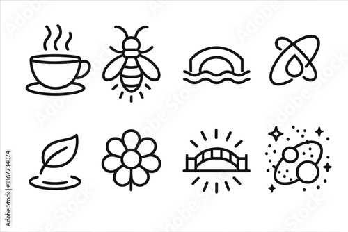 Swarming Bridge Icons. Line style icons of Swarming Bridges: teacup, glowing lightning bug, floating bridge, orbiting droplet,