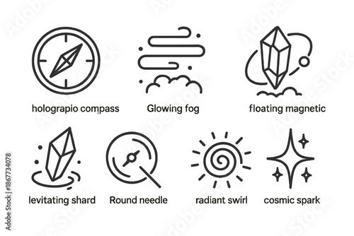 Magnetic Mist Icons. Line style icons of Magnetic Mist: holographic compass, glowing fog, floating crystal, orbiting magnetic
