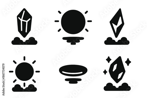Levitating Solid Icons. Solid style icons of levitating objects in : floating crystal, hovering orb, prism shard, radiant sphere,