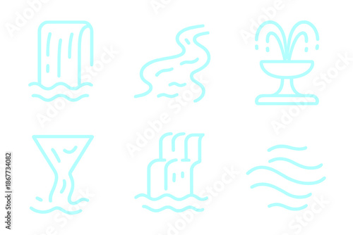 Neon Water Features. Solid style icons of neon water features in : glowing waterfall, luminous river, radiant fountain, prism