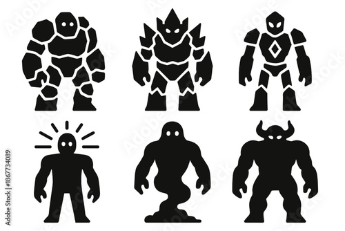 Enchanted Creature Icons. Solid style icons of enchanted creatures in : stone golem, rock guardian, crystal sentinel, prism