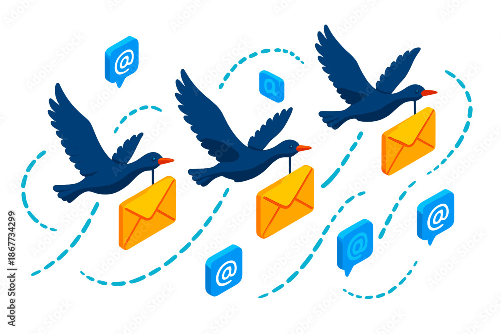 Fototapeta premium Bird Migration Email. Isometric vector illustration set Bird Migration as Email Routing: flock of birds carrying glowing envelopes