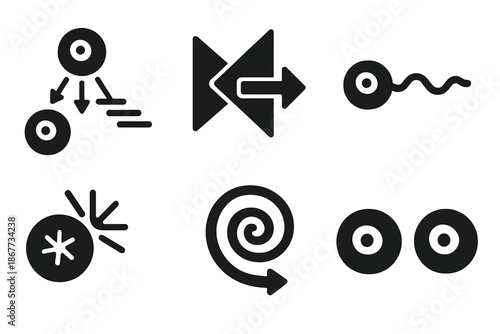 Orchestral Cell Icons. Solid style icons of orchestral cell actions: signal cascade, transcription prism, translation wave,