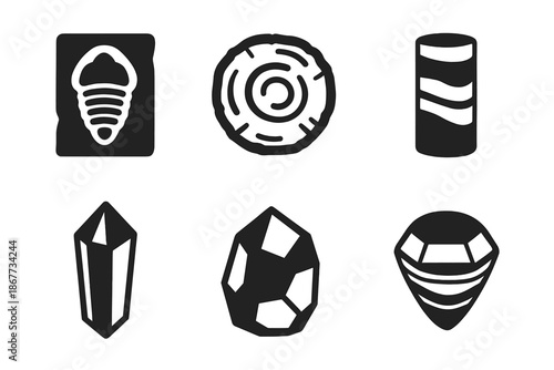 Solid Natural Archives Icons. Solid style icons of natural archives: fossil prism, petrified tree, ice core layers, crystal prism,