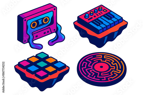 Analog Synth Adventure. Isometric vector illustration set Analog Drift: tape deck with neon liquid flowing inside, synth pads