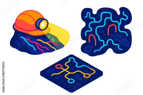 Subterranean Mapping Adventure. Isometric vector illustration set Subterranean Cartography: caver’s helmet casting light on