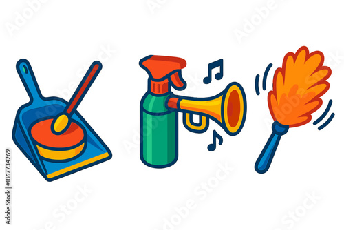 Musical Cleaning Instruments. Isometric vector illustration set Musical Instruments for Home Cleaning: dustpan as drum pad, spray