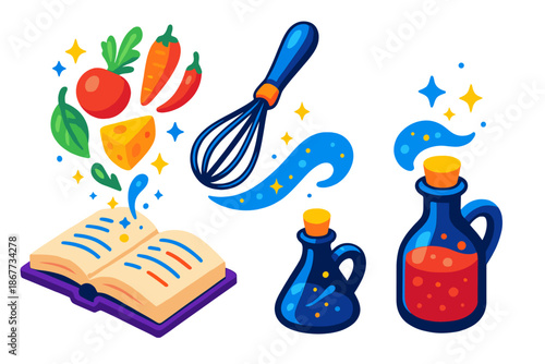 Magical Culinary Illustrations. Isometric vector illustration set Culinary Recipes as Magic Spells: recipe book opening with