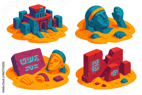 Fictional Paleontology Artifacts. Isometric vector illustration set Paleontology of Fictional Civilizations: ancient city blocks