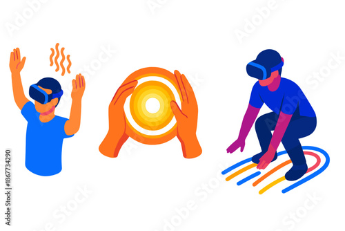 Virtual Therapy Gestures. Isometric vector illustration set Virtual Reality Somatic Therapy Gestures: avatar raising arms to