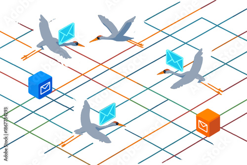 Migrating Cranes Email Network. Isometric vector illustration set Bird Migration as Email Routing: migrating cranes carrying