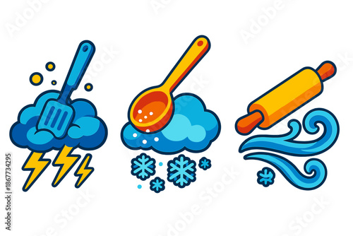 Weather Kitchen Icons. Isometric vector illustration set Kitchen Utensils Forecasting Tomorrow's Weather: spatula stirring