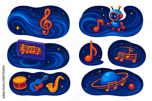 Tidal Music Harmony. Isometric vector illustration set Tide patterns coding music: floating tidal currents forming glowing musical