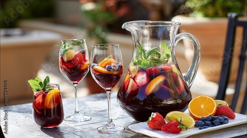 Refreshing fruit sangria in pitcher with glasses and fruits nearby  