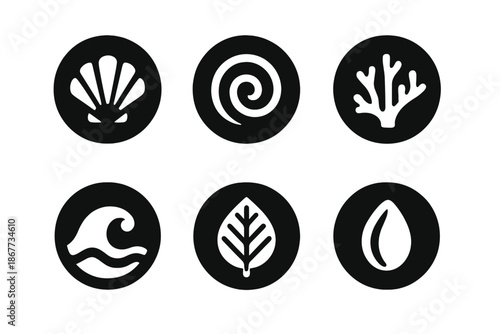 Natural Harmony Icons. Solid style round vector icons of natural harmony: shell, spiral, coral, wave, leaf vein, seed No text, No