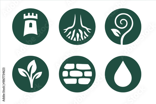 Organic Architecture Icons. Solid style round vector icons of organic architecture: tower, roots, vine spiral, bud, wall, droplet