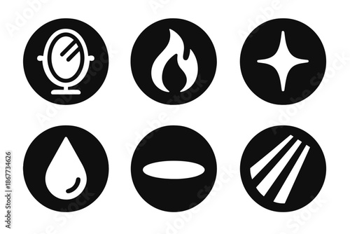 Transformation Icons. Solid style round vector icons of transformation and reflection: mirror, flame, spark, droplet, shadow,