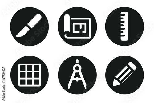 Precision Tools Vector. Solid style round vector icons of precision and design: scalpel, blueprint, ruler, grid, compass, pencil