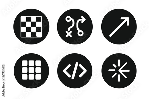 Digital Strategy Icons. Solid style round vector icons of digital tactics: chess board, circuit path, arrow, matrix grid, code