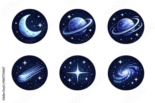 Cosmic Serenity Icons. Solid style round vector icons of cosmic serenity: moon, planet, orbit, comet, starlight, galaxy No text,