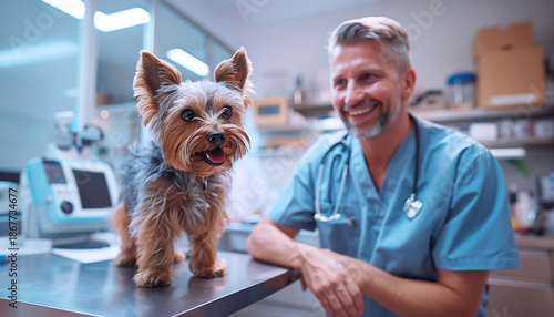 happy Yorkshire Terrier sits on a table at a veterinary clinic, looking at camera with cheerful expression and smiling veterinarian wearing white coat and stethoscope, exuding professionalism and care