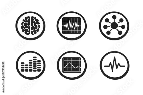 Sonic Analysis Icons. Solid style round vector icons of sonic analysis: brain, waveform display, neural node, equalizer, frequency