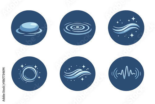 Gentle Resonance Icons. Solid style round vector icons of gentle resonance: pebble, ripple, light wave, pulse ring, serenity flow,