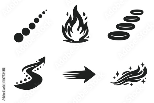 Progress Icons Set. Solid style icons of progress in motion: trail dots, rising flame, step stone, gradient path, forward arrow,